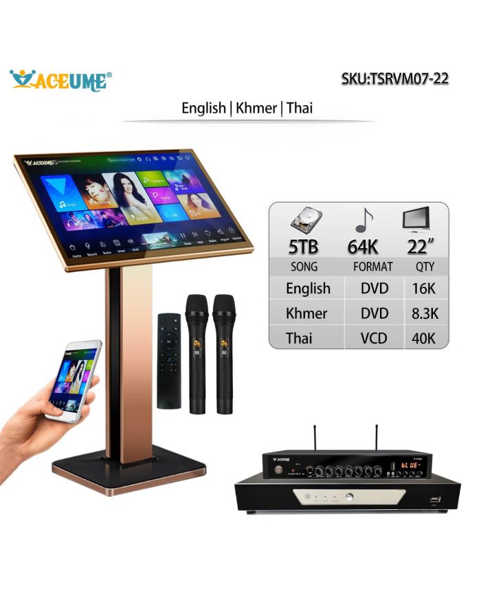 TSRVM07-22 5TB HDD 64K NEW Khmer/Cambodian songs Thai English Songs 22" Touch Screen Karaoke Player ECHO Mixing Select Songs Via Monitor and Mobile deviece Remote Controller and Microphone Includd Multilingual Menu