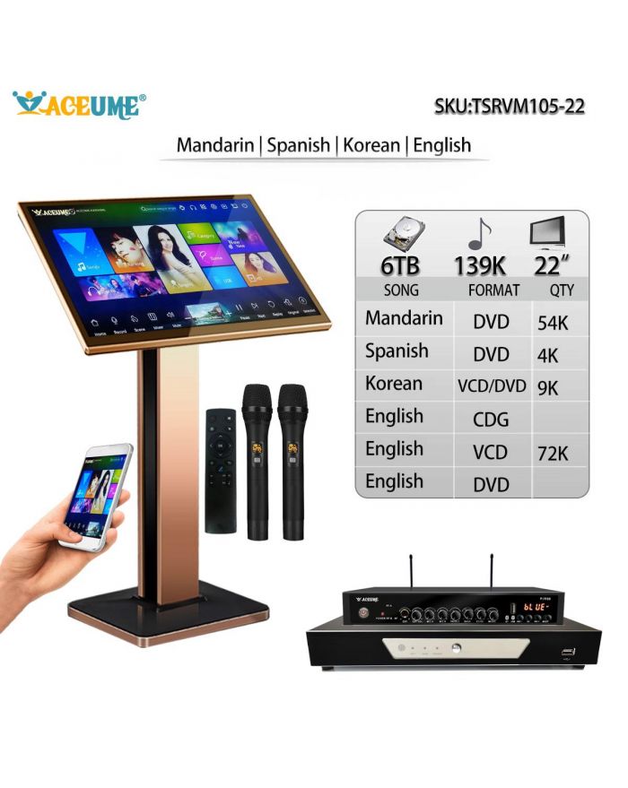 TSRVM105-22 6TB HDD 139K Chinese English  Spanish Korean 22" Touch Screen Karaoke Player ECHO Mixing