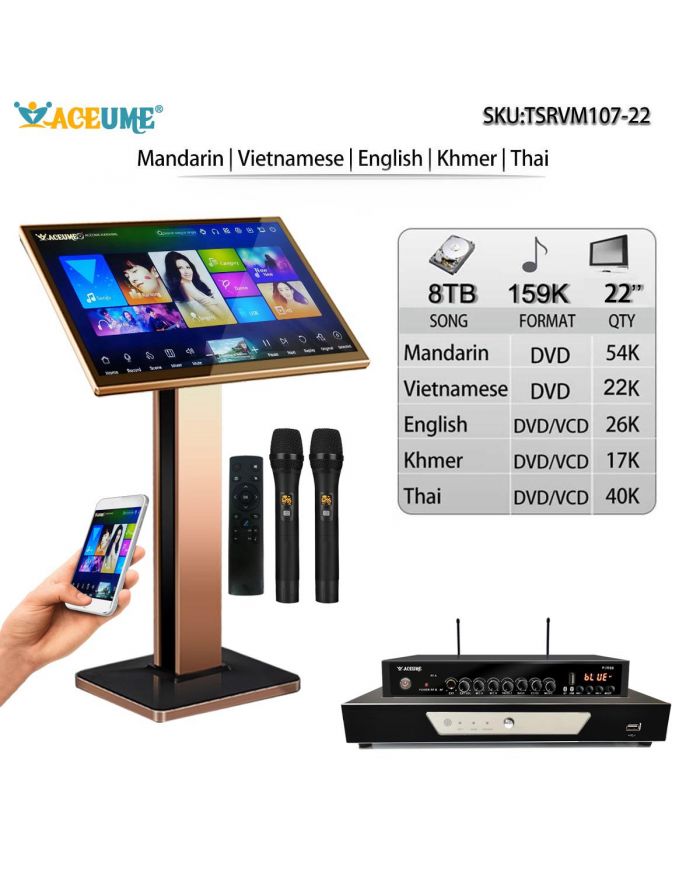 TSRVM107-22 8TB 159K Chinese English Khmer Thai Vietnamese Songs 22" TSRV Touch Screen Karaoke Player Cloud Download Remote Controller Microphone