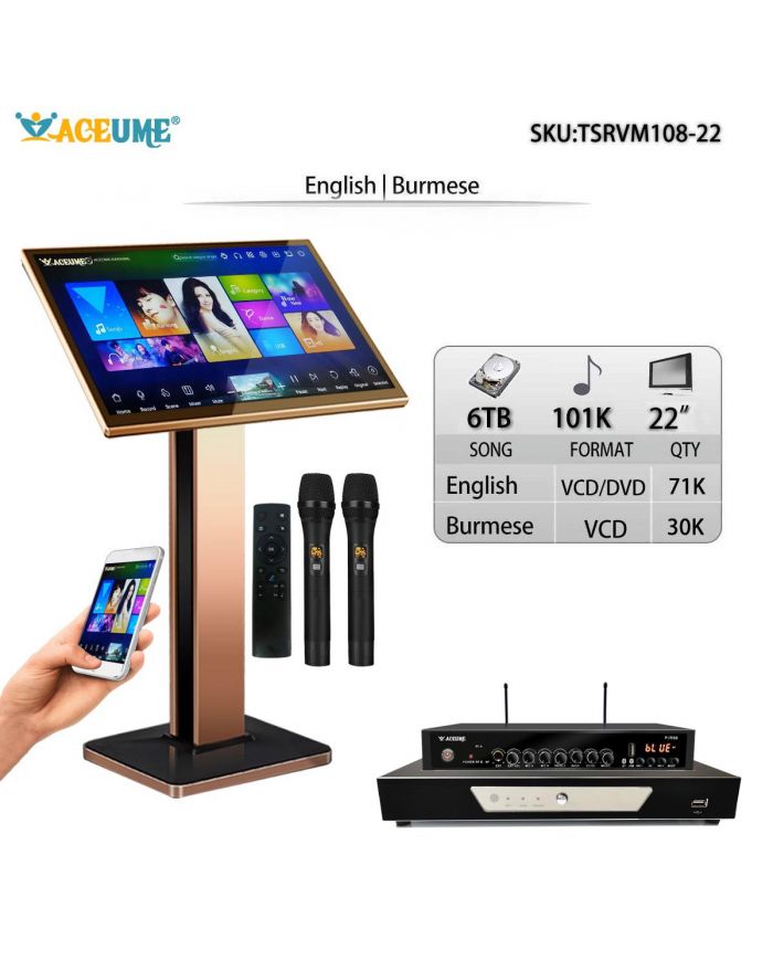 TSRVM108-22 6TB 101K English Burmese Songs 22" TSRV Touch Screen Karaoke Player Cloud Download Remote Controller Microphone