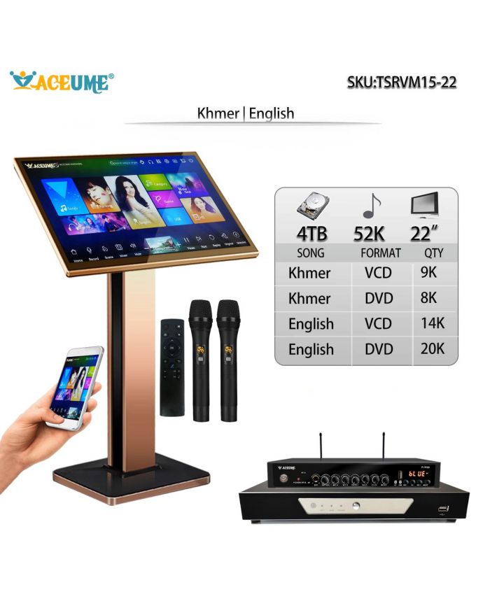 TSRVM15-22 4TB HDD 52K Khmer/Cambodian Songs English Songs 22" Touch Screen Karaoke Player Microphone Port ECHO Mixing Multilingual Menu Multi Way Seletc Songs Remote Controller and Free Microphone Included