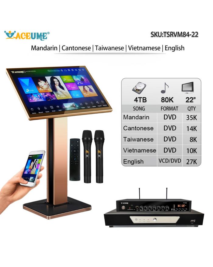 TSRVM84-22 4TB HDD 80K songs Chinese  Cantonese Taiwanese  English Vienamese Songs 22" Touch Screen Karaoke Player Songs Machine ECHO Mixing Microphone Input Jukebox Select songs Included