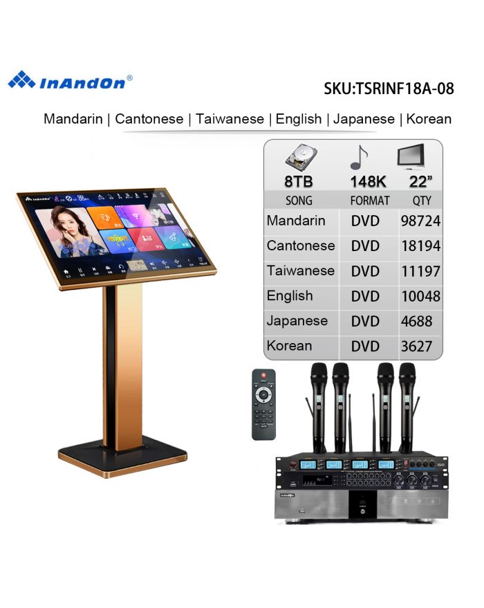 TSRINF18A 8TB 148K 22" Touch Screen MIC Karaoke Player Intelligent Voice Keying Machine Online Movie Dual System Coexistence Real Time Score Bluetooth FX18 Digital Font-end Effects Device For Professional Karaoke