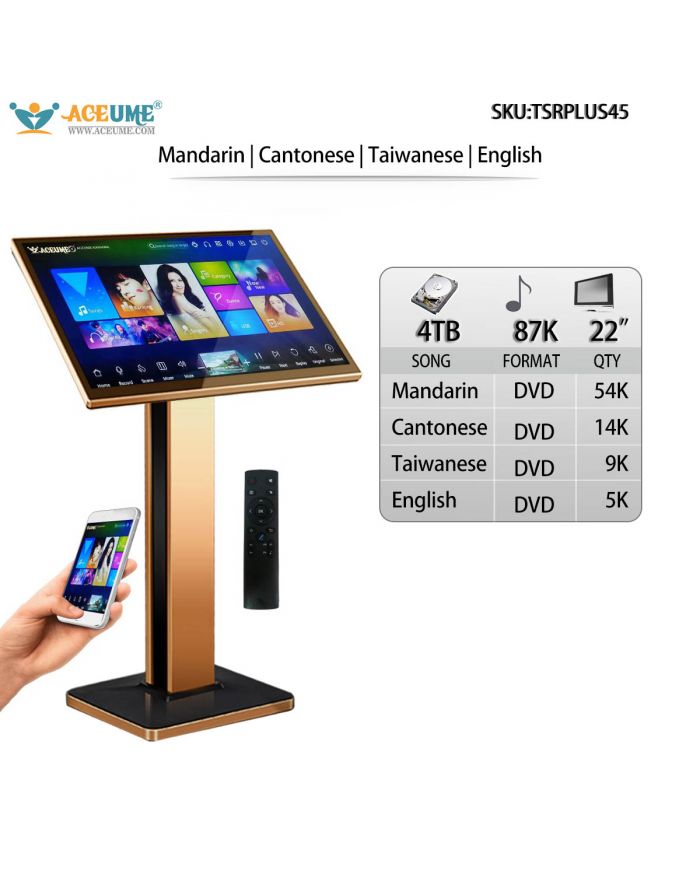 TSRPLUS45-4TB HDD 87K Chinese Mandarin Cantonese DVD English DVD Songs 22" Touch screen karaoke player Cloud Download Microphone Port ECHO Mixing Free Microphone Included