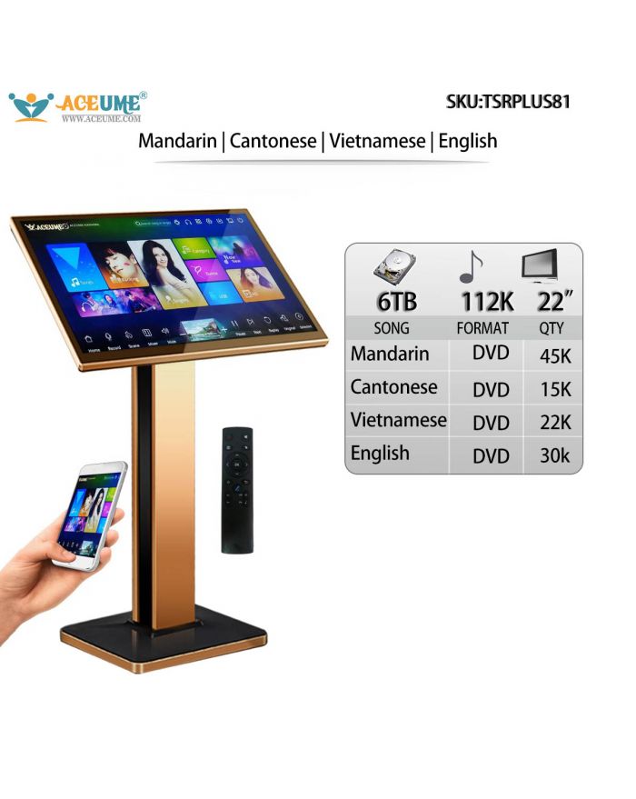 TSRPLUS81-6TB HDD 112K Chinese Mandarin Cantonese English Vienamese Songs 22" Touch Screen Karaoke Player Songs Machine Jukebox Select Songs Via Touch Screen Monitor And Mobile Device Remote Controller Included