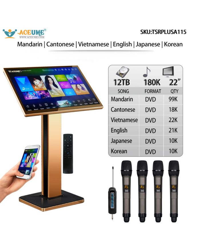TSRPLUSA115-12TB HDD 180K Mandarin Cantonese Vietnamese English  Janpanese  Korean  DVD Songs  22"Touch Screen Karaoke Player Free Cloud Download Mobile Device And the Monitor Select Songs and and A400 Wireless Microphone