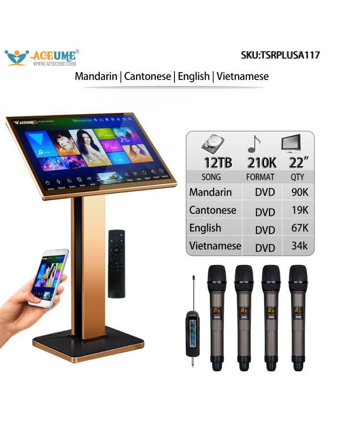 TSRPLUSA117 12TB HDD 210K Chinese Mandarin Cantonese English Vienamese Songs 22"Touch Screen Karaoke Player Cloud Download Jukebox Select Songs Via Monitor and Mobile Device Remote Controller and A400 Wireless Microphone