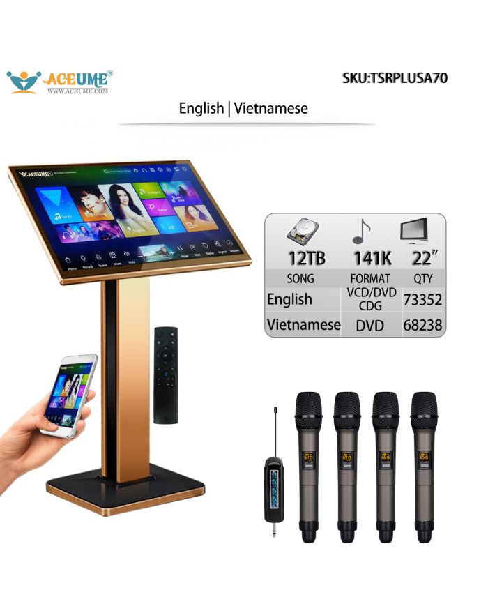 TSRPLUSA70-12TB HDD 141K Vietnamese English 22" Touch Screen Karaoke Player Multilingual Menu and Fast Search A400 Wireless Microphone And Remote Controller
