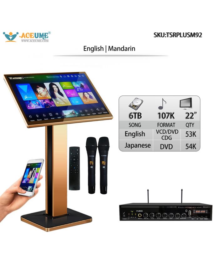 TSRPLUSM92-6TB HDD 107K Mandarin DVD Songs English CDG VCD DVD Songs 22" Touch Screen Karaoke Player ECHO Mixing Cloud Download Free Microphone and Remote Controller Included