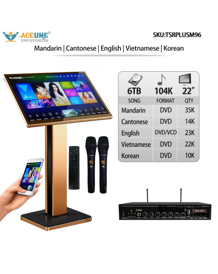 TSRPLUSM96-6TB HDD 104K Chinese English Vietnamese Korean Songs 22" Touch Screen Karaoke Player Wireless Microphone Input ECHO Mixing Multilingual Menu and Fast Search Remote Controller and Free Microphone Included