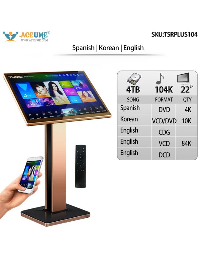 TSRPLUS104-4TB HDD104K Korean and English Songs ACEUME TSRPLUS 22" Touch Screen Karaoke Player Songs Player Jukebox Select Songs Both Via Monitor TSRPLUS104