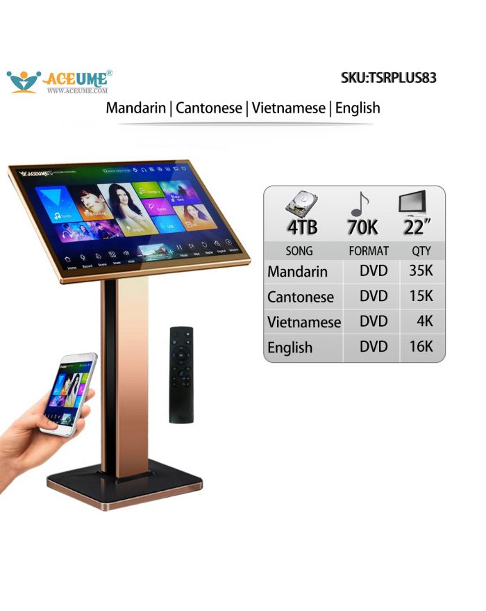 TSRPLUS83-4TB HDD 70K Mandarin Cantonese English Vietnamese Songs 22" Three In One Touch Screen Karaoke Player Select And Search Songs Both Via Touch Screen Player And Mobile Device Remote Controller