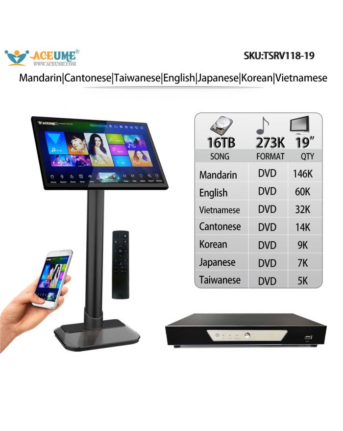 TSRV118-19 16TB HDD 273K Mandarin English Vietnamese Cantonese Korean Japanese Taiwanese Songs 19" Touch Screen Karaoke Player