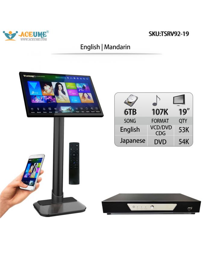 TSRV92-19 6TB HDD 107K Mandarin DVD Songs English CDG VCD DVD Songs 19" Touch Screen Karaoke Player Cloud Download Mobile Device And The Monitor Select Songs