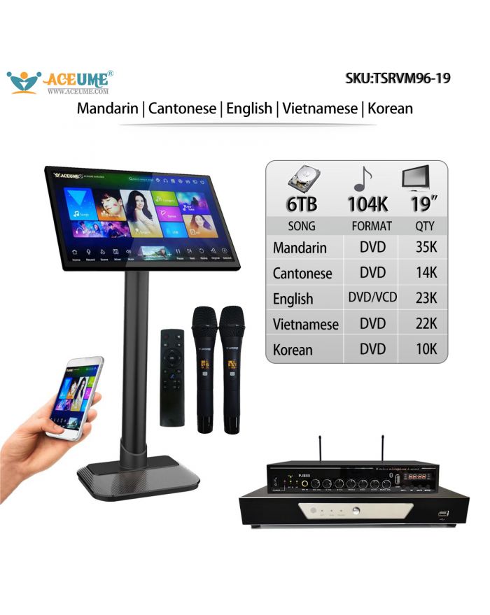 TSRVM96-19 6TB HDD 104K Chinese English Vietnamese Korean Songs 19" Touch Screen Karaoke Player Wireless Microphone Input ECHO Mixing Multilingual Menu and Fast Search Remote Controller and Free Microphone Included