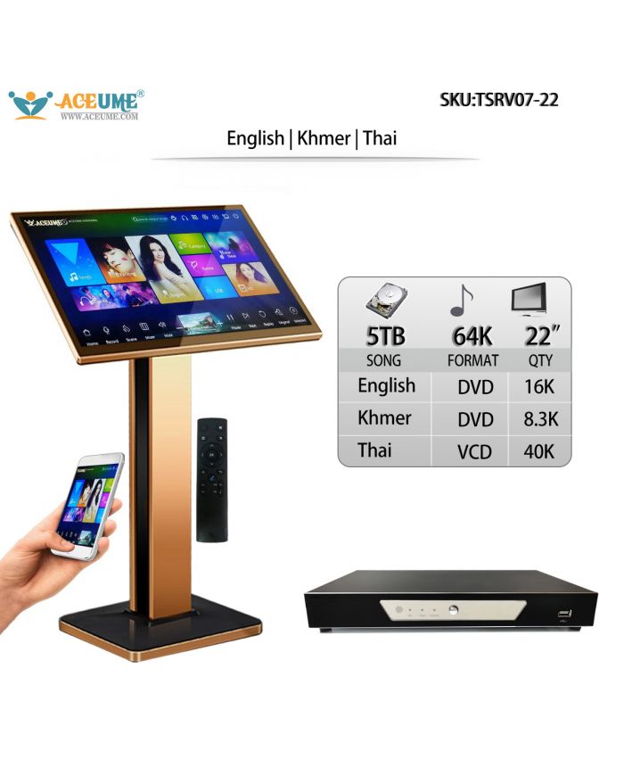 TSRV07-22 5TB HDD 64K NEW Khmer/Cambodian DVD songs Thai English Songs 22" Touch Screen Karaoke Player Select Songs Via Monitor and Mobile deviece Remote Controller Includd Multilingual Menu And Fast Search