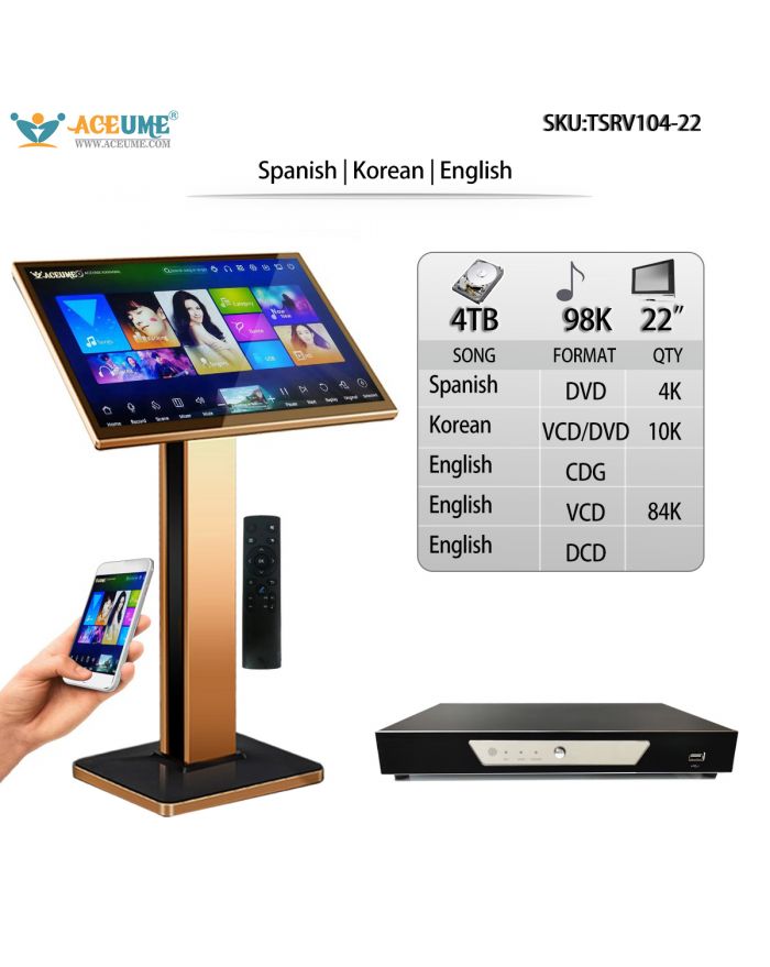 TSRV104-22 4TB HDD 98K Korean And English Songs  TSRV 22" Touch Screen Karaoke Player Songs Player Jukebox Select Songs Both Via Monitor