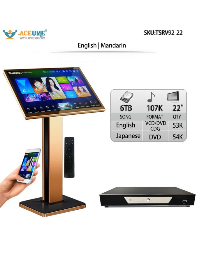 TSRV92-22 6TB HDD 107K Mandarin DVD Songs English CDG VCD DVD Songs 22" Touch Screen Karaoke Player Free Cloud Download Mobile Device And The Monitor Select Songs