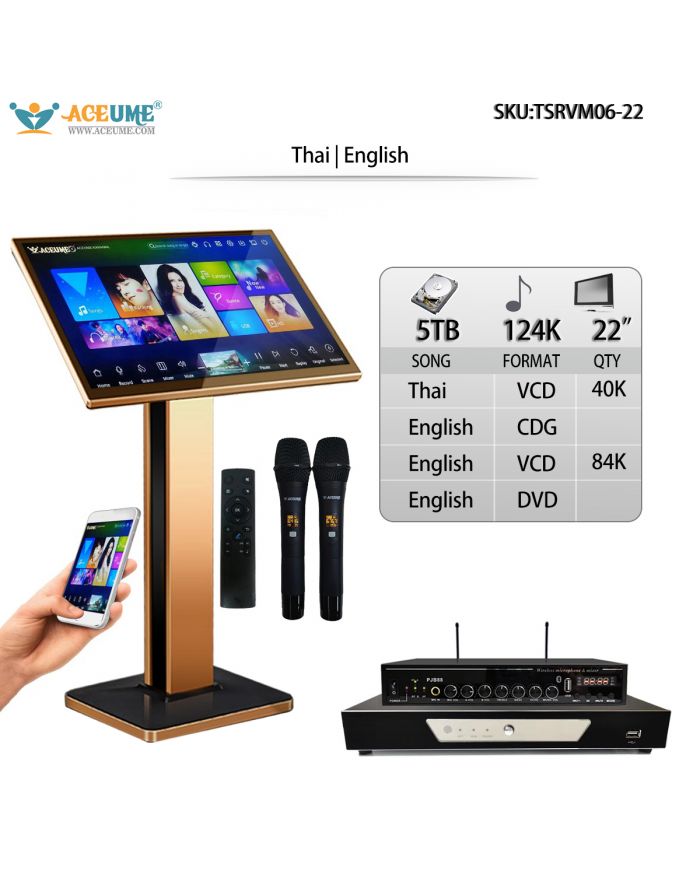 TSRVM06-22 5TB HDD 124K English Songs Thai Songs 22" Touch Screen Karaoke Machine Microphone Port ECHO Mixing Multilingual Menu and Fast Search Select Songs Device Free Microphone and Remote Controller