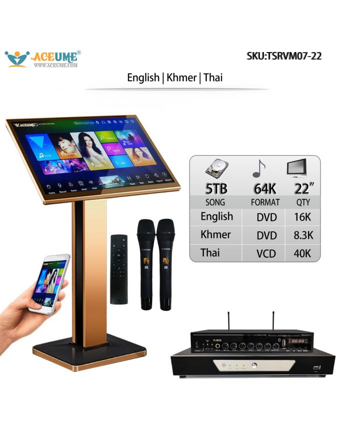 TSRVM07-22 5TB HDD 64K NEW Khmer/Cambodian songs Thai English Songs 22" Touch Screen Karaoke Player ECHO Mixing Select Songs Via Monitor and Mobile deviece Remote Controller and Microphone Includd Multilingual Menu