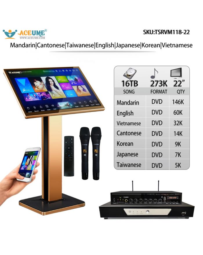 TSRVM118-22 16TB HDD 273K Mandarin English Vietnamese Cantonese Korean Japanese Taiwanese Songs Machine Multilingual Menu and Fast Search Select Songs via Monitor and Mobile device Remote Controller include microphone