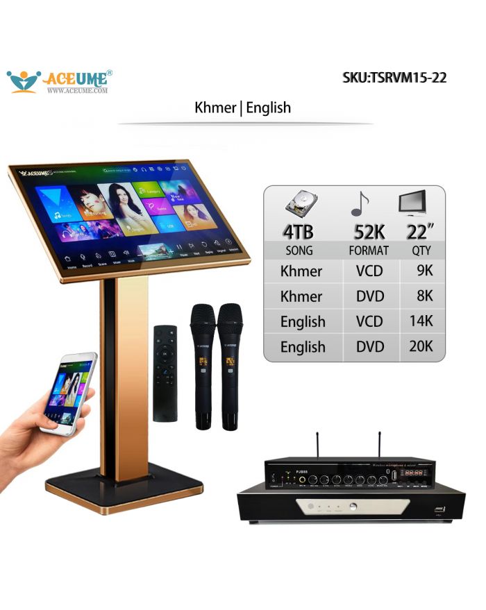 TSRVM15-22 4TB HDD 52K Khmer/Cambodian Songs English Songs 22" Touch Screen Karaoke Player Microphone Port ECHO Mixing Multilingual Menu Multi Way Seletc Songs Remote Controller and Free Microphone Included