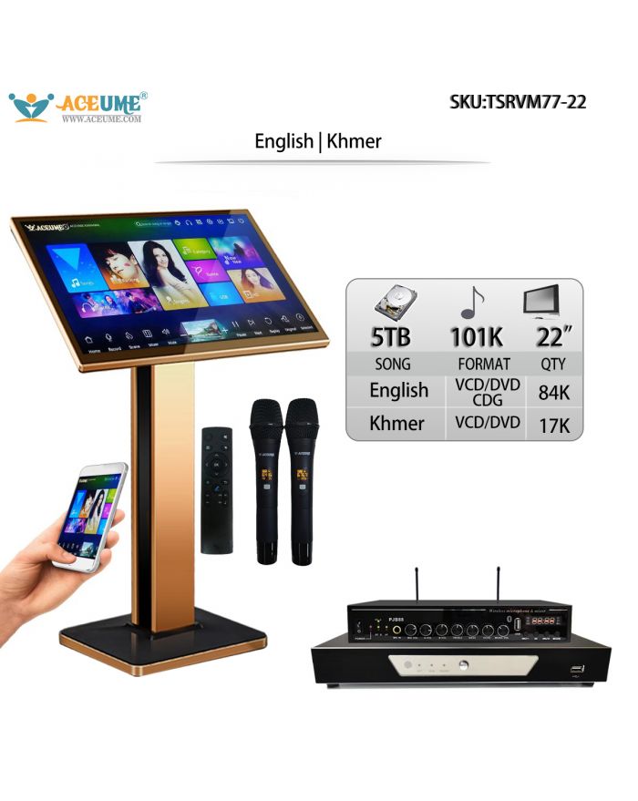TSRVM77-22 5TB HDD 101K Khmer Cambodian English 22" Touch Screen Karaoke Player Select Songs Both Via Monitor and Mobile Device Remote Controller Muiltilingual Menu and Microphone