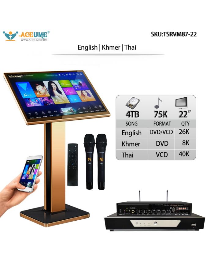 TSRVM87-22 4TB HDD 75K Khmer/Cambodian Thai English Songs 22" Touch Screen Karaoke Player Karaoke Mixer Free Wireless Microphone and Remote Controller Multi Language Menu And Fast Search