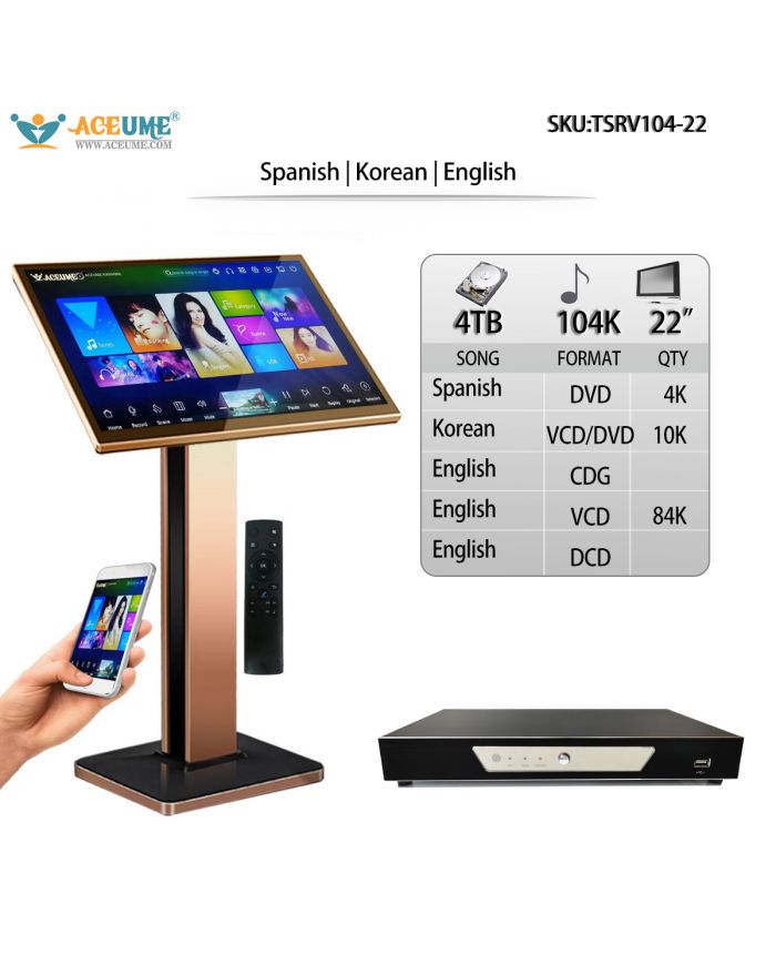 TSRV104-22 4TB HDD 104K Korean And English Songs  TSRV 22" Touch Screen Karaoke Player Songs Player Jukebox Select Songs Both Via Monitor