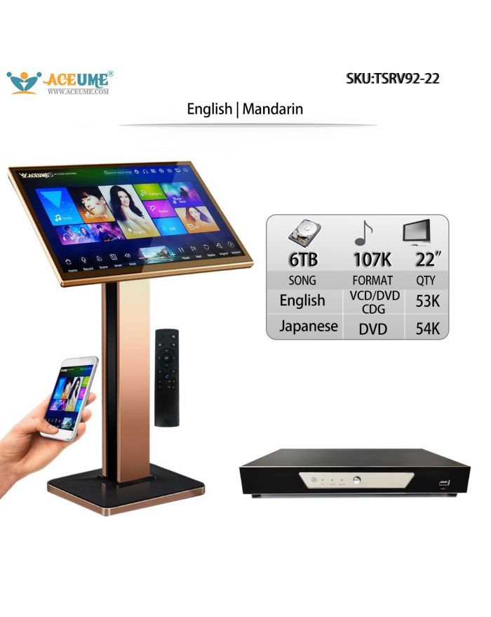 TSRV92-22 6TB HDD 107K Mandarin DVD Songs English CDG VCD DVD Songs 22" Touch Screen Karaoke Player Free Cloud Download Mobile Device And The Monitor Select Songs