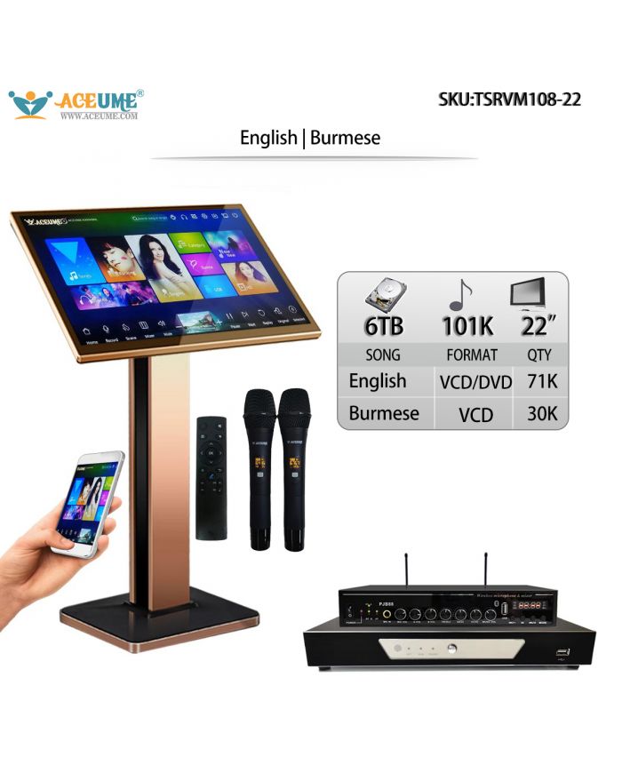 TSRVM108-22 6TB 101K English Burmese Songs 22" TSRV Touch Screen Karaoke Player Cloud Download Remote Controller Microphone