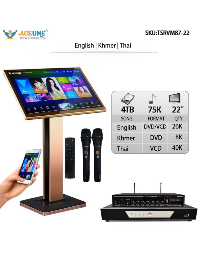 TSRVM87-22 4TB HDD 75K Khmer/Cambodian Thai English Songs 22" Touch Screen Karaoke Player Karaoke Mixer Free Wireless Microphone and Remote Controller Multi Language Menu And Fast Search