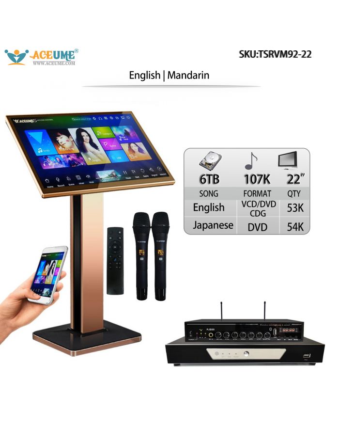 TSRVM92-22 6TB HDD 107K Janpanese DVD Songs English CDG VCD DVD Songs 22" Touch Screen Karaoke Player ECHO Mixing Cloud Download Free Microphone And Remote Controller Included
