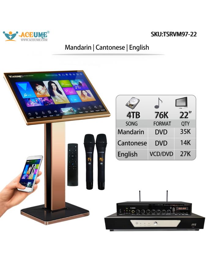 TSRVM97-22 4TB HDD 76K Mandarin Cantonese English Songs 22" Touch Screen Karaoke Machine ECHO Mixing Microphone Port Cloud Download