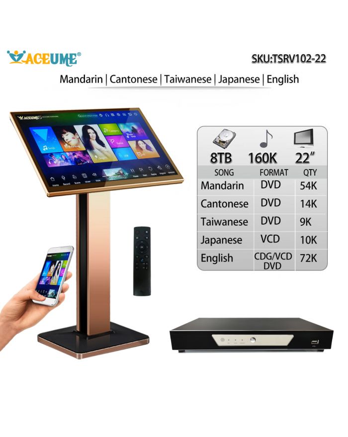 TSRV102-22 8TB HDD 160K Mandarin Cantonese Taiwanese English Songs Japanese 22"Touch Screen Karaoke Player Cloud Download Jukebox Select Songs and Mobile Device Remote Controller 