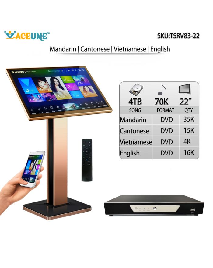 TSRV83-22 4TB HDD 70K Mandarin Cantonese English Vienamese Songs 22"Three In One Touch Screen Karaoke Player Select And Search Songs Both Via Touch Screen Player And Mobile Device Remote Controller