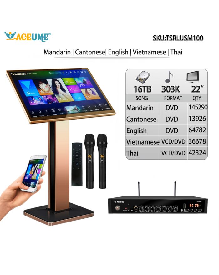 TSRPLUSM100-16TB HDD 303K Chinese Madarin Cantonese English Vietnamese Thai Songs 22"TSRPLUSM Touch Screen Karaoke Player Microphone Port Built Sound Mixing Cloud Download Remote Controller Free Microphone Include