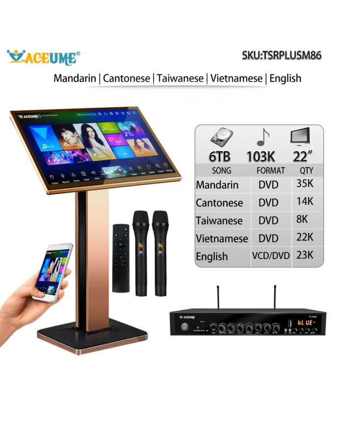 TSRPLUSM86-6TB HDD 103K Chinese Mandarin Cantonese English Taiwanese Vienamese 22" Touch Screen Karaoke Player ECHO Mixing Microphone Input Remote controller And Microphone Included