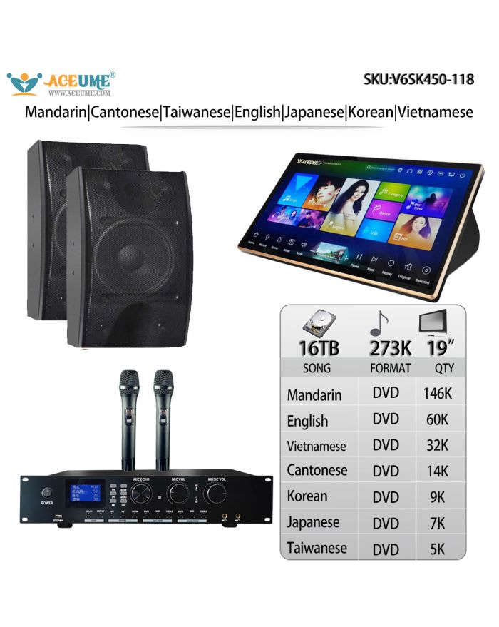 V6SK450-118 16TB HDD 273K Mandarin English Vietnamese Cantonese Korean Japanese Taiwanese Songs 19"Touch Screen Karaoke Player Cloud Download Jukebox Select Songs Via Monitor And Mobile Controller Include Microphone
