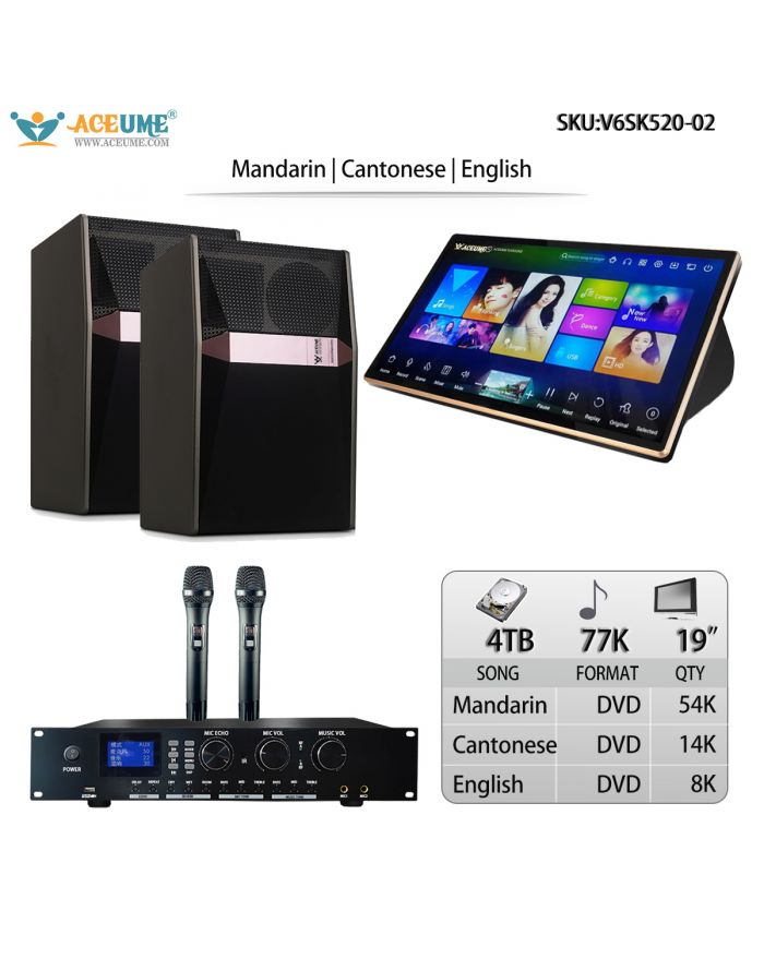 V6SK520-02 4TB HDD 77K Touch Screen Karaoke Machine Mandarin Cantonese English Songs Player Microphone Input Sound Mixing Free Microphone Included 19"Touch Screen Cloud Download