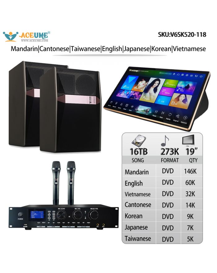 V6SK520-118 16TB HDD 273K Mandarin English Vietnamese Cantonese Korean Japanese Taiwanese Songs 19"Touch Screen Karaoke Player Cloud Download Jukebox Select Songs Via Monitor And Mobile Controller Include Microphone