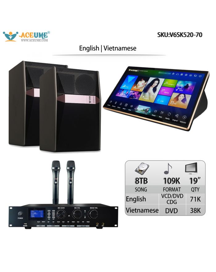 V6SK520-70 8TB HDD 109K Vietnamese English 19"Touch Screen Karaoke Player Multilingual Menu And Fast Search Microphone And Remote Controller