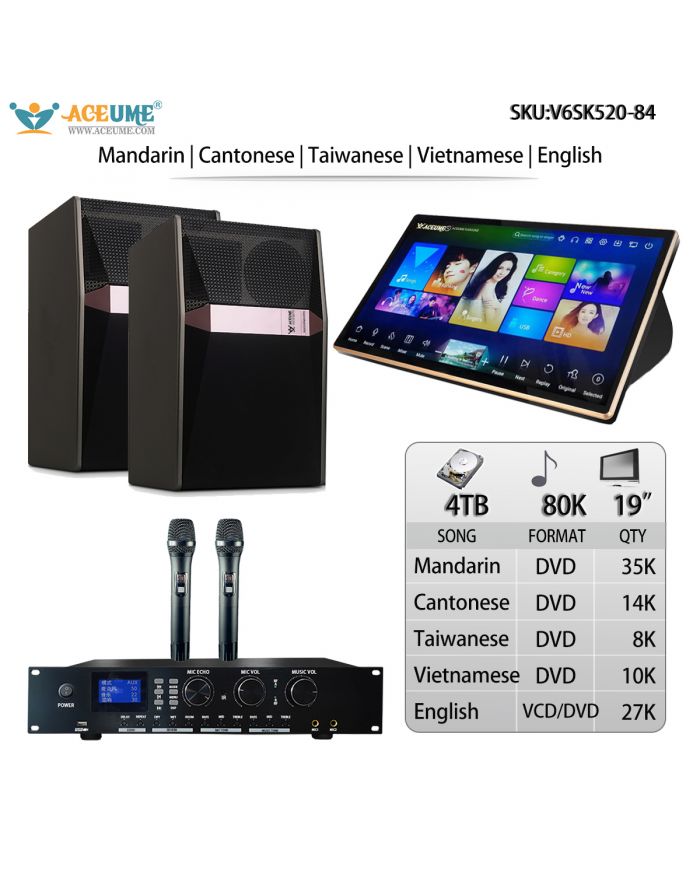 V6SK520-84 4TB HDD 80K songs Chinese  Cantonese Taiwanese  English Vienamese Songs 19"Touch Screen Karaoke Player Songs Machine ECHO Mixing Microphone Input Jukebox Select songs Included