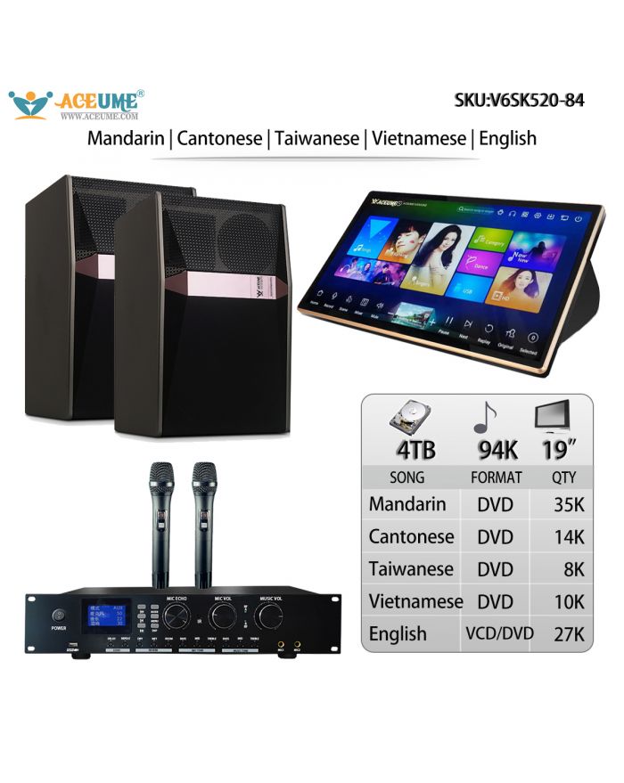 V6SK520-84 4TB HDD 94K songs Chinese  Cantonese Taiwanese  English Vienamese Songs 19"Touch Screen Karaoke Player Songs Machine ECHO Mixing Microphone Input Jukebox Select songs Included