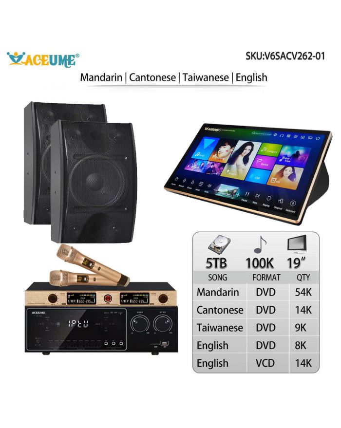 V6SACV262-01 5TB HDD 100K Mandarin Taiwanese Cantonese English Songs 19"Touch Screen Karaoke Player Microphone Port Built Sound Mixing Cloud Download Remote Controller Free Microphone Include