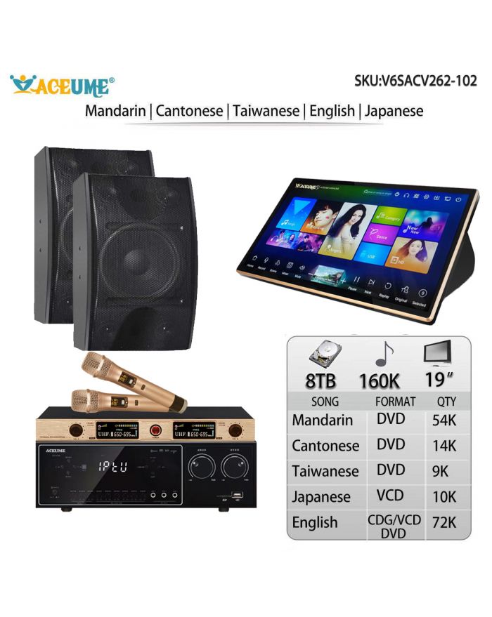 V6SACV262-102 8TB HDD 160K Mandarin Cantonese Taiwanese English Japanese  Songs 19"Touch Screen Karaoke Player Cloud Download Jukebox Select Songs Via Monitor And Mobile Controller Include Microphone