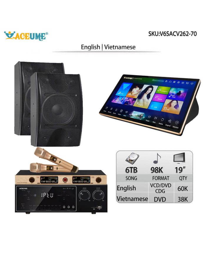 V6SACV262-70 6TB HDD 98K Vietnamese English 19"Touch Screen Karaoke Player Multilingual Menu And Fast Search Microphone And Remote Controller
