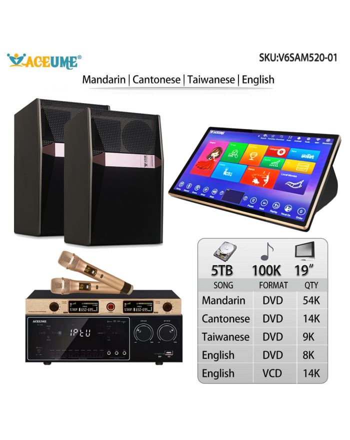V6SAM520-01 5TB HDD 100K Mandarin Taiwanese Cantonese English Songs 19"Touch Screen Karaoke Player Microphone Port Built Sound Mixing Cloud Download Remote Controller Free Microphone Include