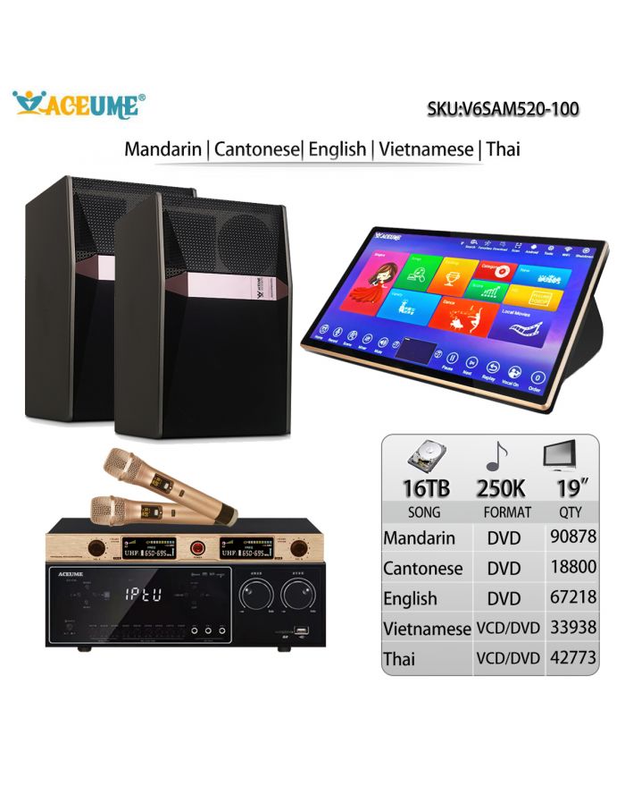V6SAM520-100 16TB HDD 250K Chinese Madarin Cantonese English Vietnamese Thai Songs 19"Touch Screen Karaoke Player Cloud Download Jukebox Select Songs Via Monitor And Mobile Controller Include Microphone