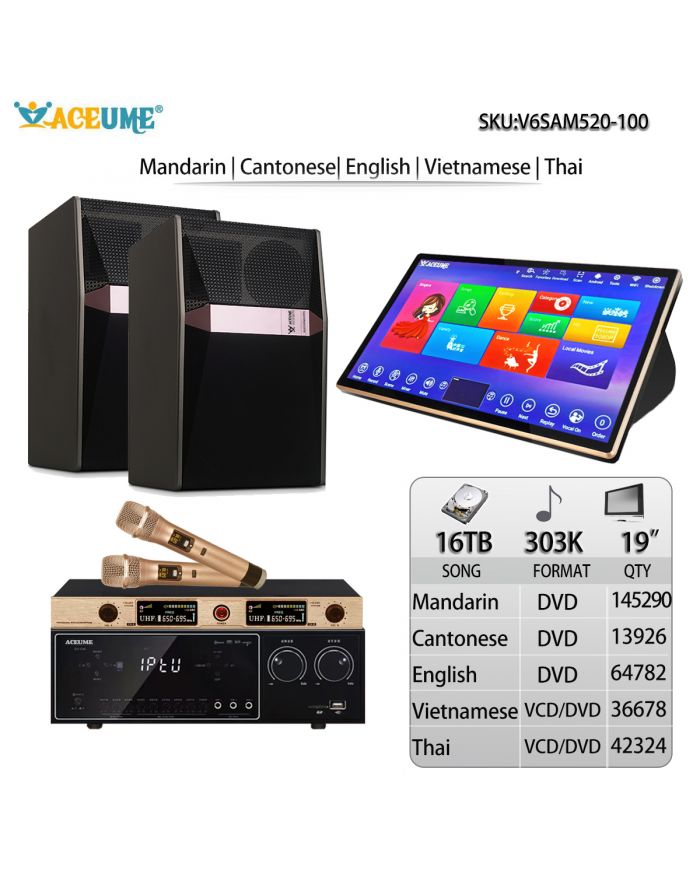 V6SAM520-100 16TB HDD 303K Chinese Madarin Cantonese English Vietnamese Thai Songs 19"Touch Screen Karaoke Player Cloud Download Jukebox Select Songs Via Monitor And Mobile Controller Include Microphone
